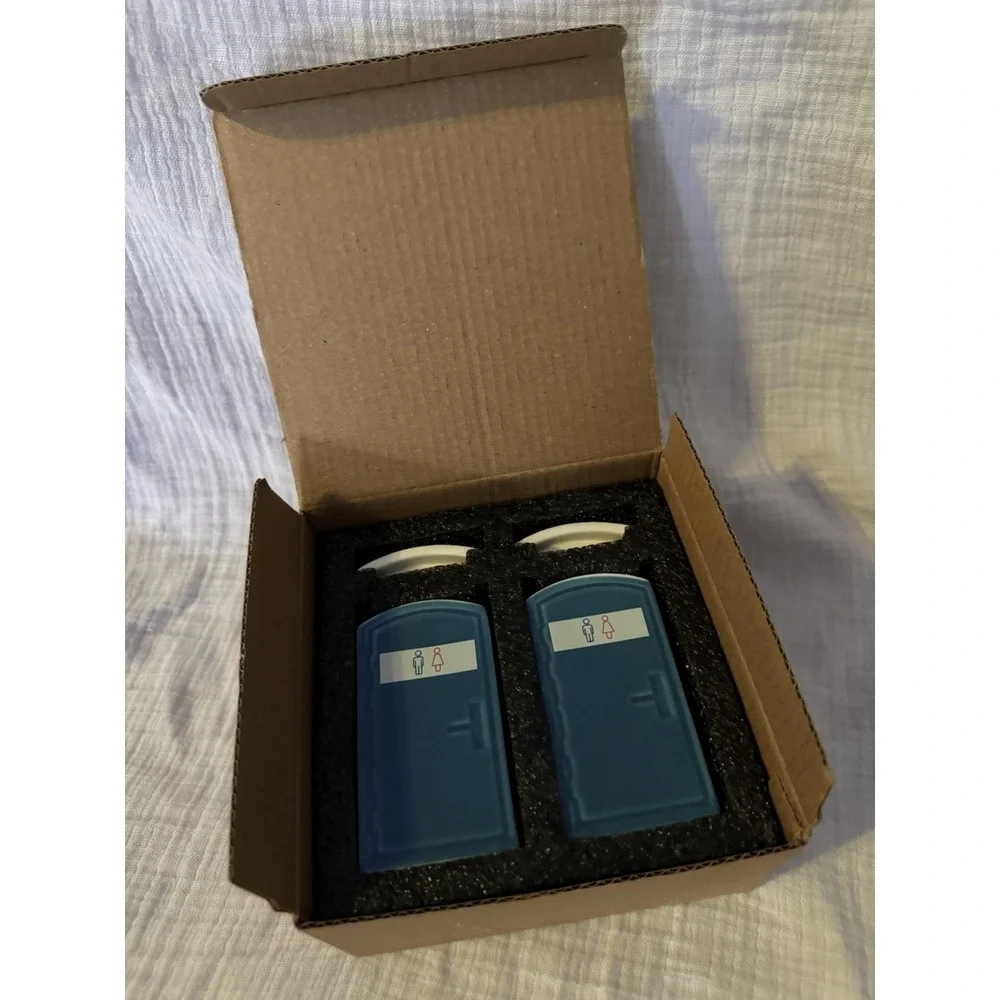 2 Pack Blue & White Porta Potty Novelty Plastic Lidded Shot Glasses Set of 2